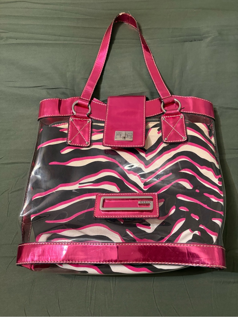 Guess Pink Zebra-Print Clear Tote with Metallic Trim